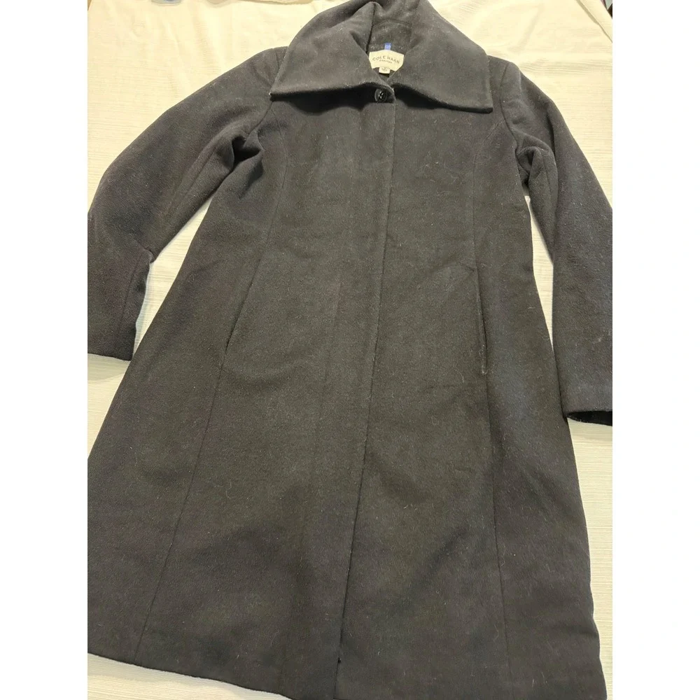 Cole Haan Signature Black Wool Blend Wing Collar Hidden Button Coat Womens 12